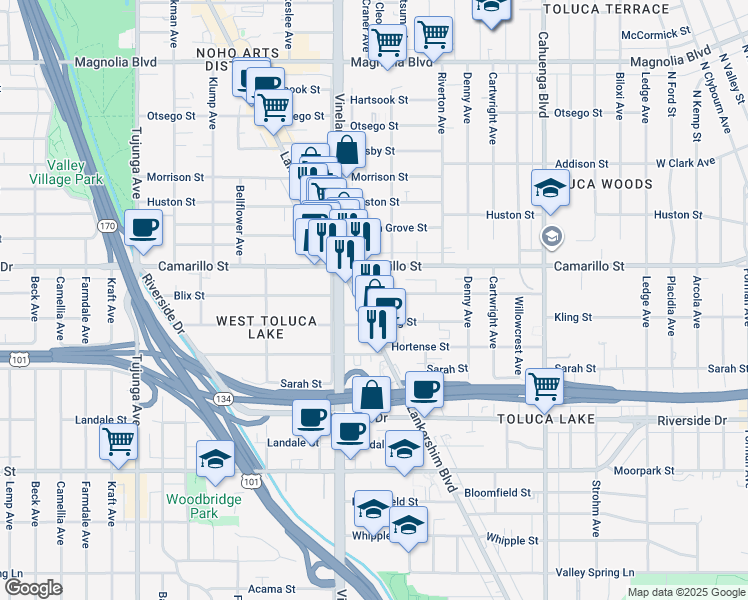 map of restaurants, bars, coffee shops, grocery stores, and more near 10918 Blix Street in Los Angeles