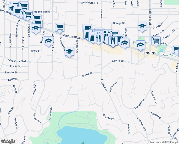 map of restaurants, bars, coffee shops, grocery stores, and more near 17401 Rancho Street in Los Angeles