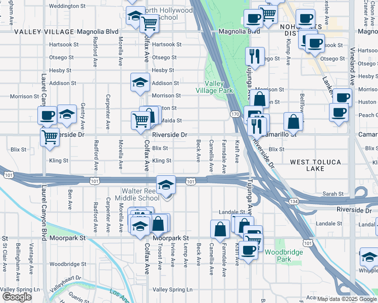 map of restaurants, bars, coffee shops, grocery stores, and more near 11556 Blix Street in Los Angeles