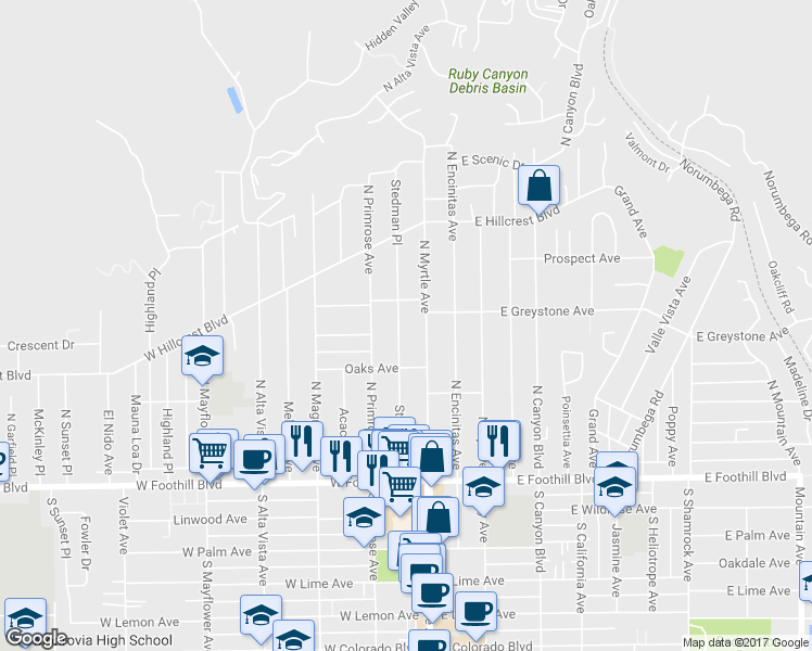 map of restaurants, bars, coffee shops, grocery stores, and more near 264 Stedman Place in Monrovia
