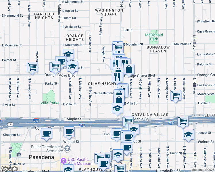 map of restaurants, bars, coffee shops, grocery stores, and more near 796 Earlham Street in Pasadena
