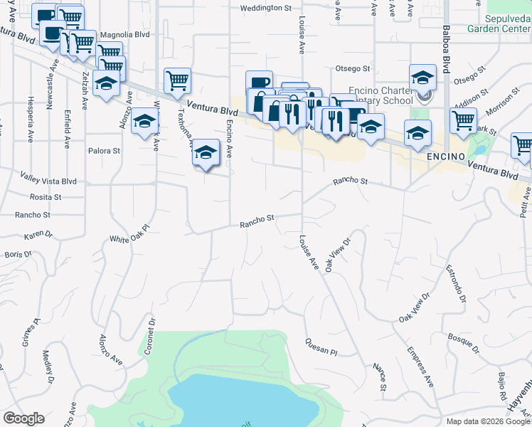 map of restaurants, bars, coffee shops, grocery stores, and more near 17401 Rancho Street in Los Angeles