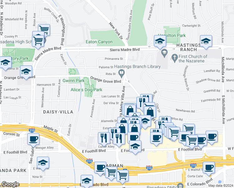 map of restaurants, bars, coffee shops, grocery stores, and more near 3295 Las Lunas Street in Pasadena