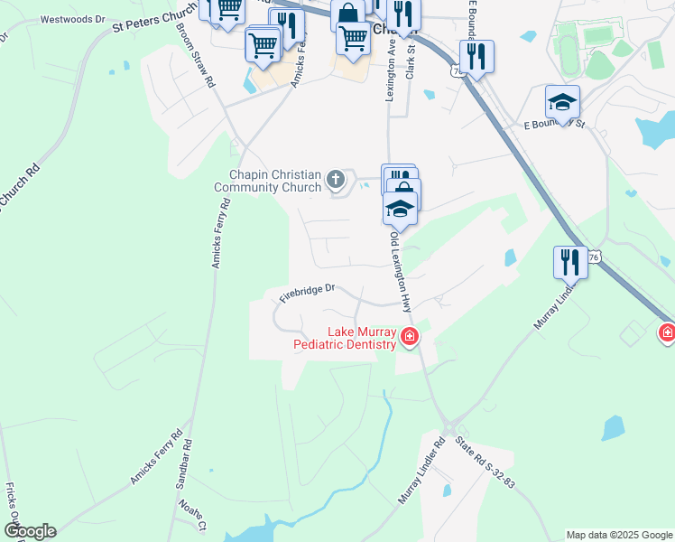 map of restaurants, bars, coffee shops, grocery stores, and more near 121 Fair Haven Way in Chapin