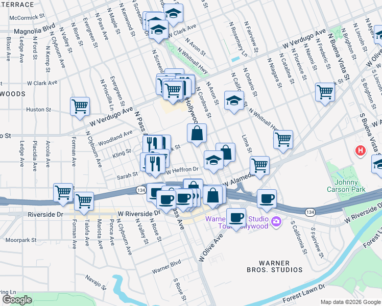 map of restaurants, bars, coffee shops, grocery stores, and more near 330 North Screenland Drive in Burbank