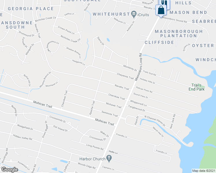 map of restaurants, bars, coffee shops, grocery stores, and more near 141 Navaho Trail in Wilmington