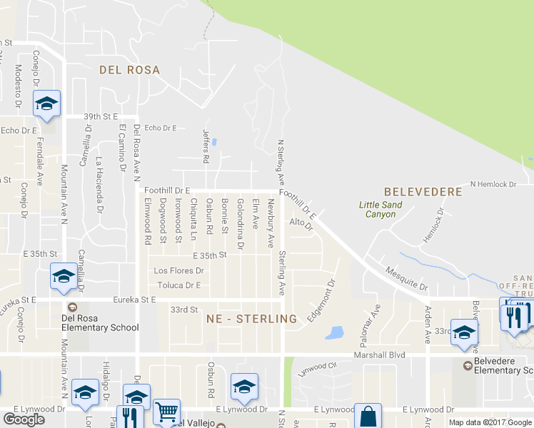 map of restaurants, bars, coffee shops, grocery stores, and more near 5362 Newbury Ave in San Bernardino