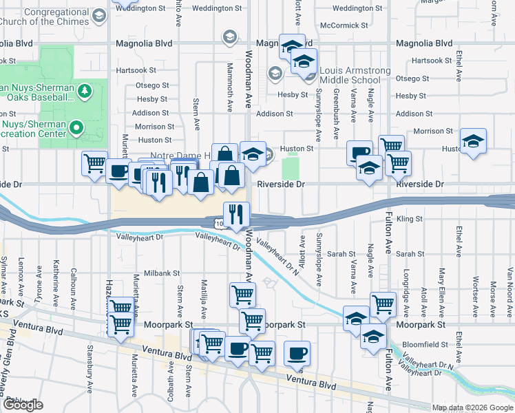 map of restaurants, bars, coffee shops, grocery stores, and more near 4720 Woodman Avenue in Los Angeles