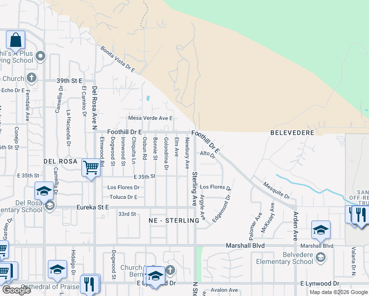 map of restaurants, bars, coffee shops, grocery stores, and more near 5362 Newbury Avenue in San Bernardino