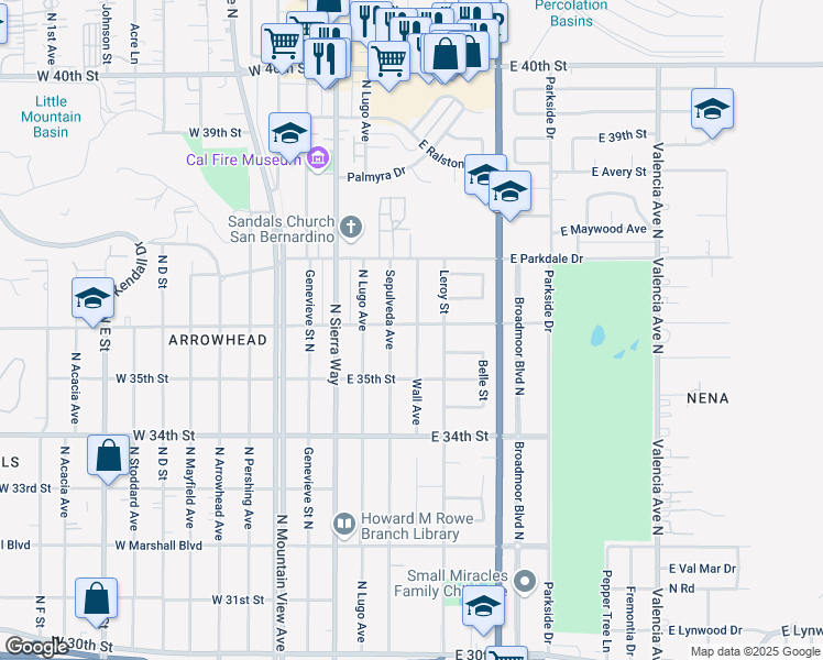 map of restaurants, bars, coffee shops, grocery stores, and more near 3596 Wall Avenue in San Bernardino