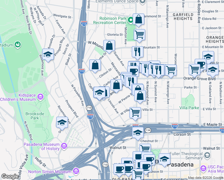 map of restaurants, bars, coffee shops, grocery stores, and more near 769 North Orange Grove Boulevard in Pasadena