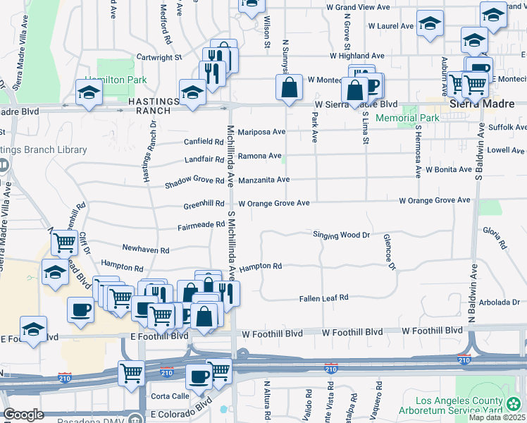 map of restaurants, bars, coffee shops, grocery stores, and more near 1130 West Orange Grove Avenue in Arcadia
