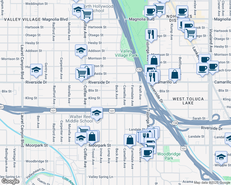 map of restaurants, bars, coffee shops, grocery stores, and more near 11540 Blix Street in Los Angeles