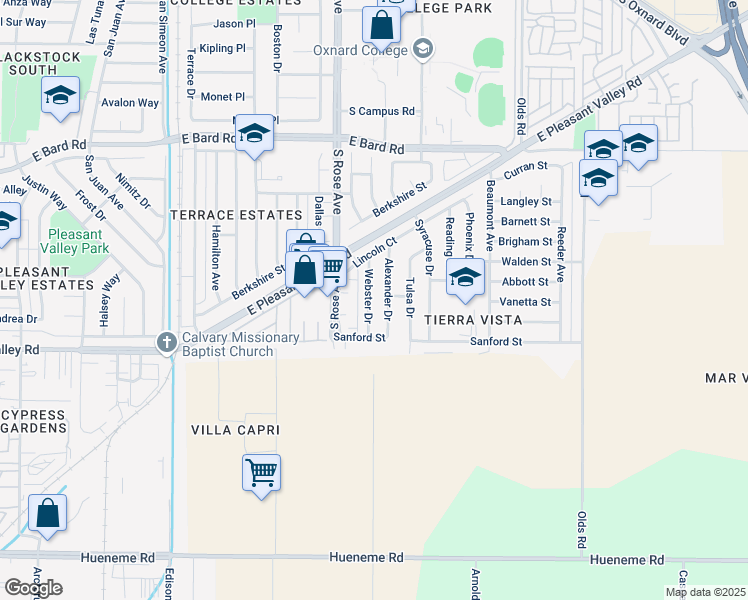 map of restaurants, bars, coffee shops, grocery stores, and more near 4830 Webster Drive in Oxnard