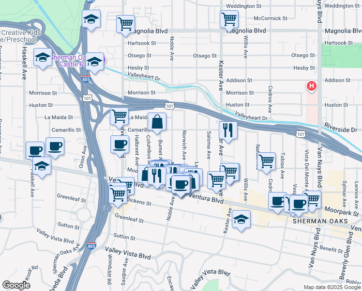 map of restaurants, bars, coffee shops, grocery stores, and more near 4729 Norwich Avenue in Los Angeles