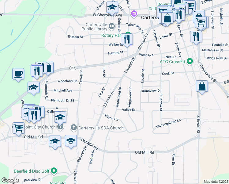 map of restaurants, bars, coffee shops, grocery stores, and more near 168 Etowah Drive in Cartersville