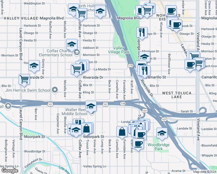 map of restaurants, bars, coffee shops, grocery stores, and more near 11540 Blix Street in Los Angeles