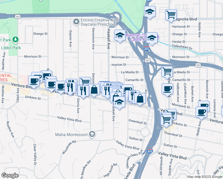 map of restaurants, bars, coffee shops, grocery stores, and more near 4744 Haskell Avenue in Los Angeles