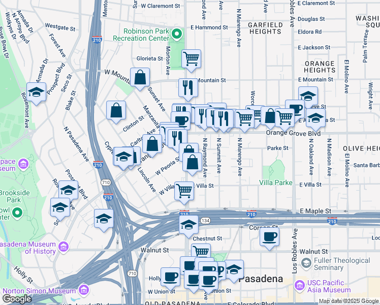 map of restaurants, bars, coffee shops, grocery stores, and more near 608 North Fair Oaks Avenue in Pasadena