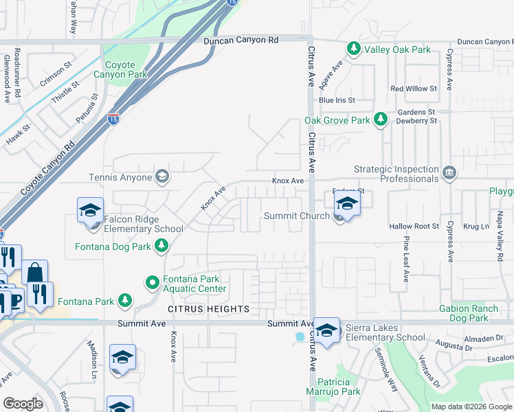 map of restaurants, bars, coffee shops, grocery stores, and more near 5368 Mantova Court in Fontana