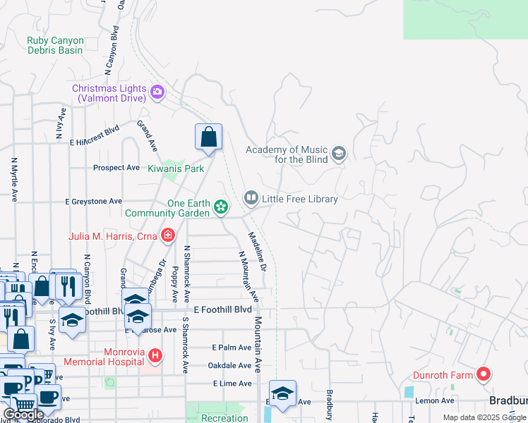 map of restaurants, bars, coffee shops, grocery stores, and more near 245 North Bradoaks Avenue in Monrovia