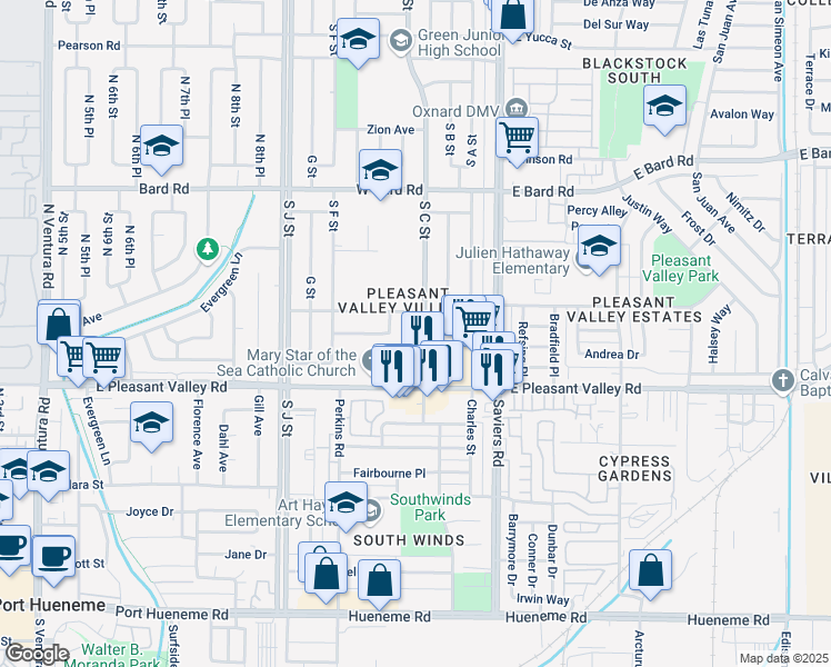 map of restaurants, bars, coffee shops, grocery stores, and more near 4901 South C Street in Oxnard