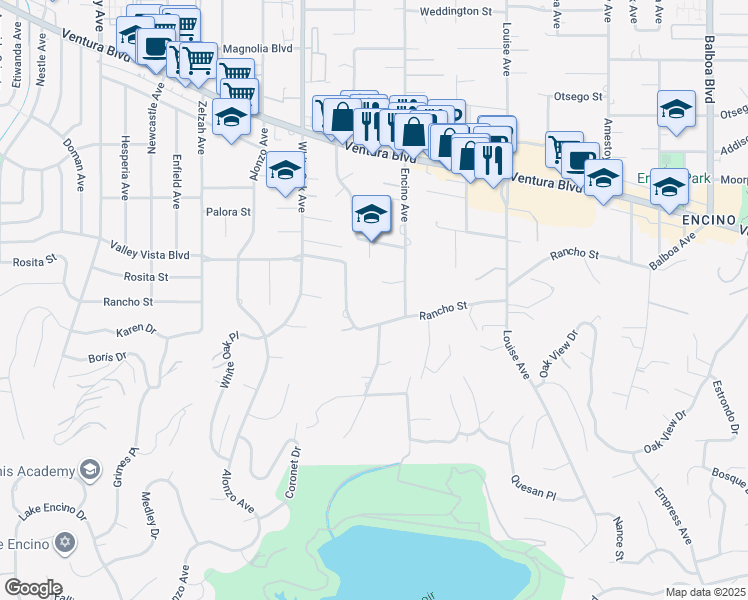 map of restaurants, bars, coffee shops, grocery stores, and more near 4678 White Oak Avenue in Los Angeles
