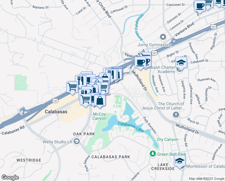map of restaurants, bars, coffee shops, grocery stores, and more near 23471 Park Sorrento in Calabasas
