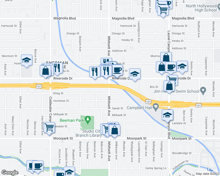 map of restaurants, bars, coffee shops, grocery stores, and more near 4718 Whitsett Avenue in Los Angeles