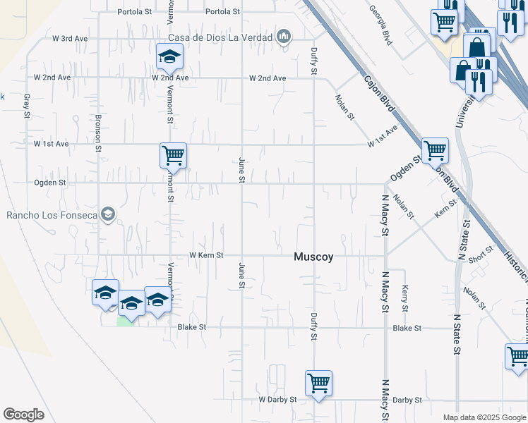 map of restaurants, bars, coffee shops, grocery stores, and more near 3333 Otono Court in Muscoy