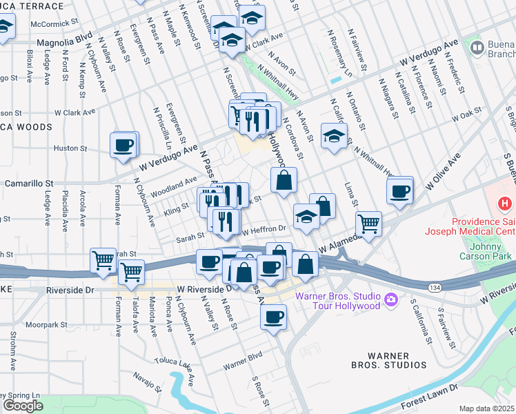 map of restaurants, bars, coffee shops, grocery stores, and more near 333C North Kenwood Street in Burbank