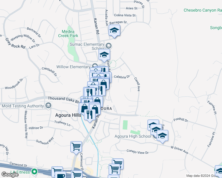 map of restaurants, bars, coffee shops, grocery stores, and more near 5800 Calmfield Avenue in Agoura Hills