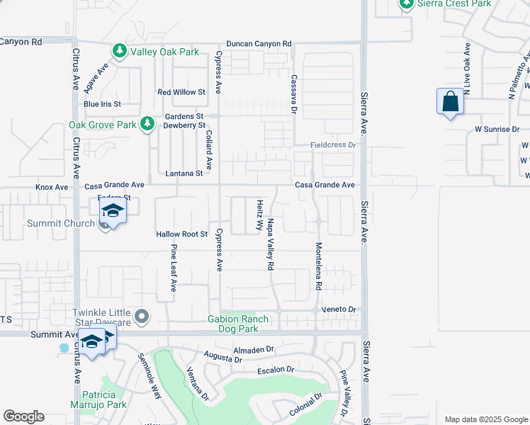 map of restaurants, bars, coffee shops, grocery stores, and more near 5367 Heitz Way in Fontana