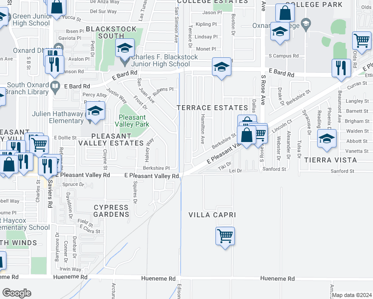 map of restaurants, bars, coffee shops, grocery stores, and more near 4845 Terrace Avenue in Oxnard