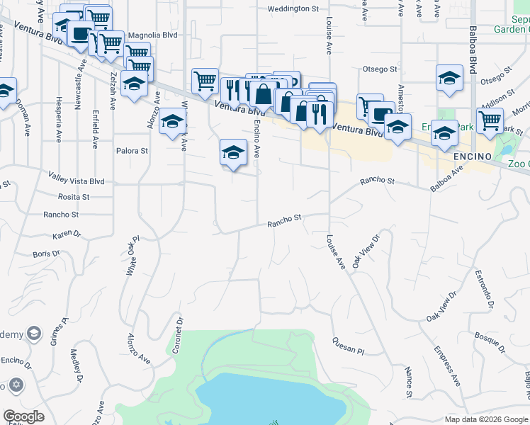 map of restaurants, bars, coffee shops, grocery stores, and more near 4720 Encino Avenue in Los Angeles