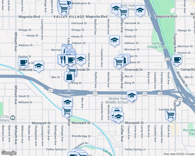 map of restaurants, bars, coffee shops, grocery stores, and more near 4720 Radford Avenue in Los Angeles