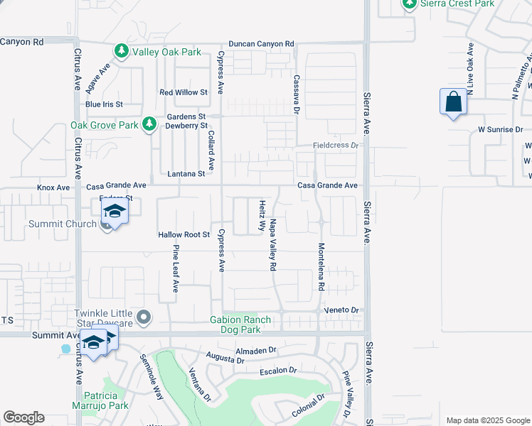 map of restaurants, bars, coffee shops, grocery stores, and more near 5367 Heitz Way in Fontana