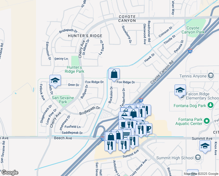 map of restaurants, bars, coffee shops, grocery stores, and more near 5364 Buckskin Drive in Fontana