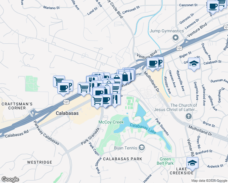 map of restaurants, bars, coffee shops, grocery stores, and more near 23586 Calabasas Road in Calabasas