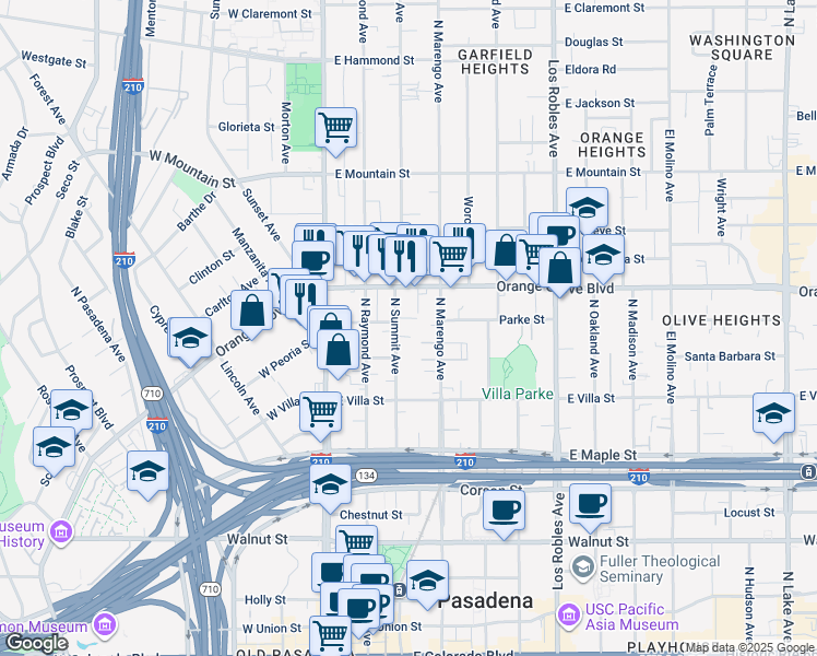 map of restaurants, bars, coffee shops, grocery stores, and more near 620 N Summit Ave in Pasadena