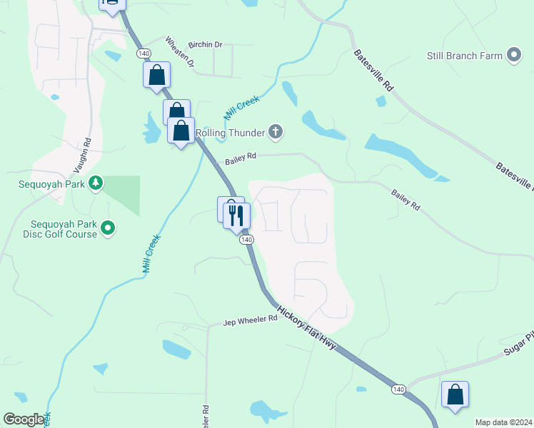 map of restaurants, bars, coffee shops, grocery stores, and more near 111 Village Parkway in Woodstock