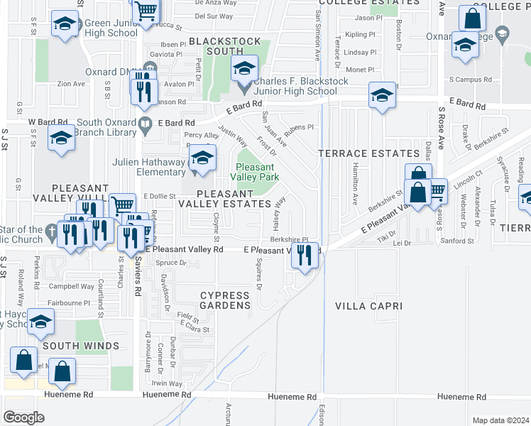 map of restaurants, bars, coffee shops, grocery stores, and more near 4900 Squires Drive in Oxnard