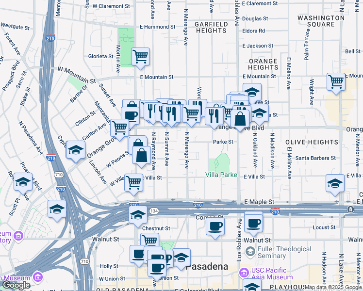 map of restaurants, bars, coffee shops, grocery stores, and more near 612 North Marengo Avenue in Pasadena