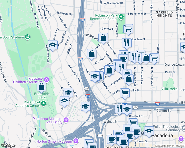 map of restaurants, bars, coffee shops, grocery stores, and more near 680 Cypress Avenue in Pasadena