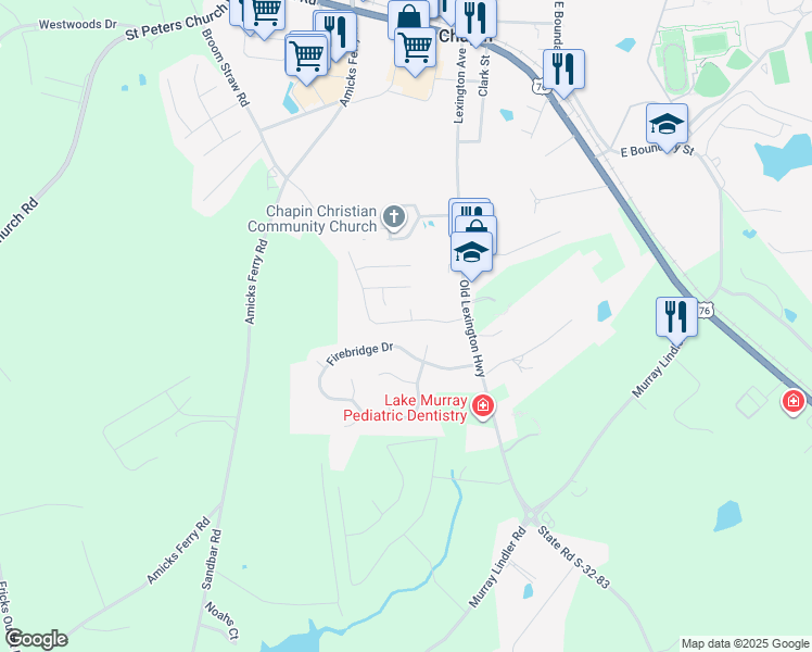 map of restaurants, bars, coffee shops, grocery stores, and more near 121 Fair Haven Way in Chapin