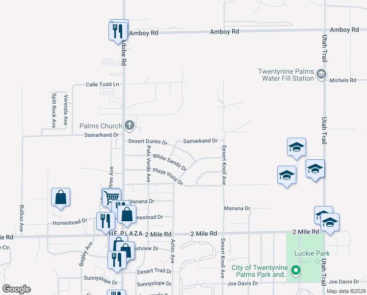map of restaurants, bars, coffee shops, grocery stores, and more near 73940 Desert Dunes Drive in Twentynine Palms