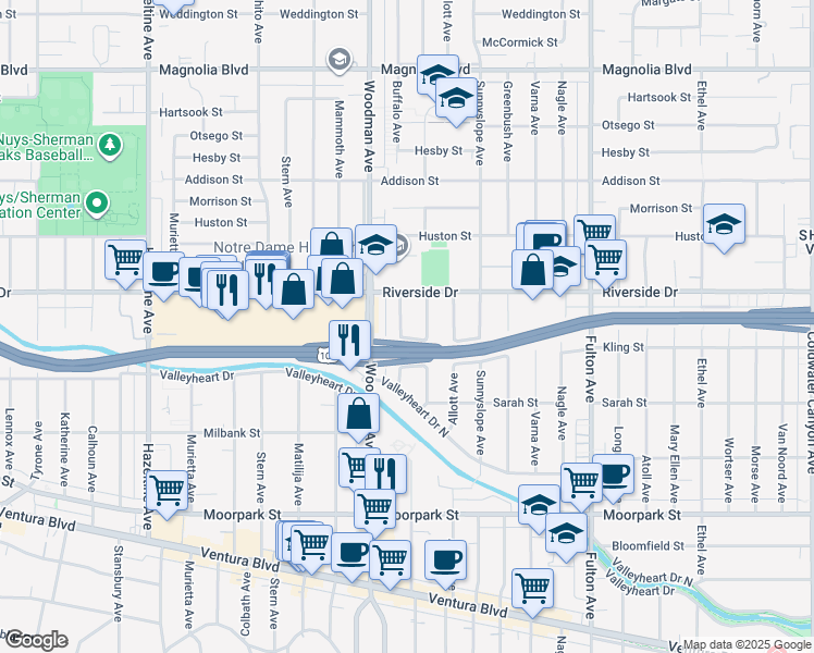map of restaurants, bars, coffee shops, grocery stores, and more near 4722 Buffalo Avenue in Los Angeles
