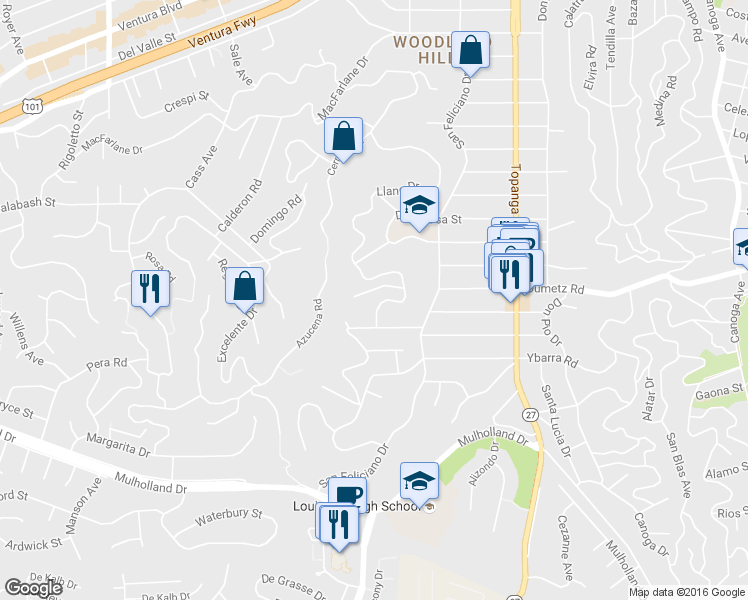 map of restaurants, bars, coffee shops, grocery stores, and more near 22248 Dumetz Road in Los Angeles