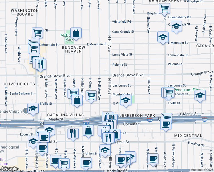 map of restaurants, bars, coffee shops, grocery stores, and more near 609 North Hill Avenue in Pasadena
