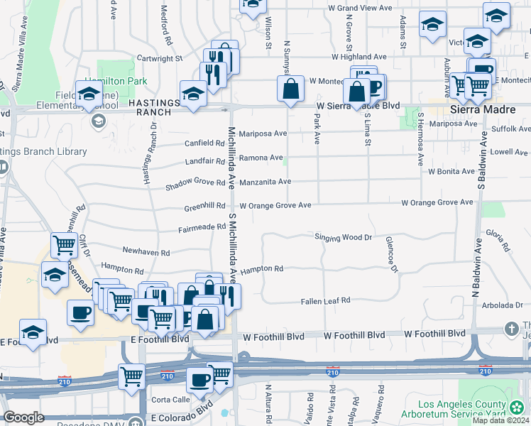 map of restaurants, bars, coffee shops, grocery stores, and more near 1130 West Orange Grove Avenue in Arcadia